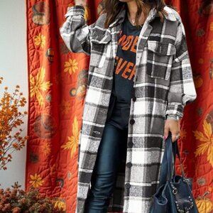 New Fall Oversized Plaid Flannel Lapel Button Down Trench Black White Plus Sizes